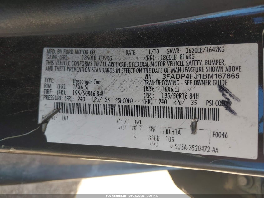 2011 Ford Fiesta VIN 3FADP4FJ1BM167865 IAAI salvage auction — NORMAL WEAR, Clear-Dealer Only (Arizona), sold $250 on 2026-07-30 (photo 9)