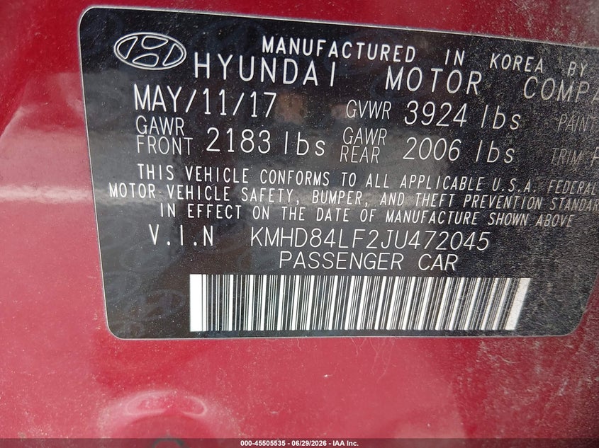 2018 Hyundai Elantra VIN KMHD84LF2JU472045 IAAI salvage auction — FRONT END, Salvage Title, sold $1,150 on 2026-07-22 (photo 9)