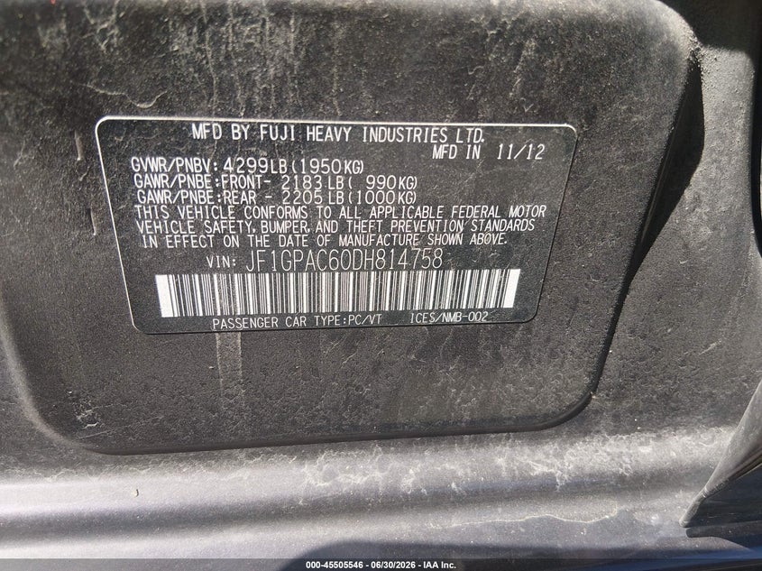 2013 Subaru Impreza VIN JF1GPAC60DH814758 IAAI salvage auction — FRONT END, Salvage Title, sold $200 on 2026-07-21 (photo 9)