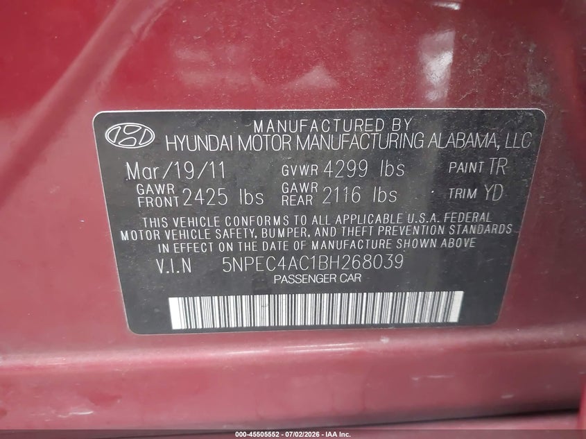 2011 Hyundai Sonata VIN 5NPEC4AC1BH268039 IAAI salvage auction — LEFT FRONT, Salvage Certificate (California), sold $875 on 2026-07-17 (photo 9)