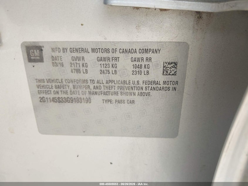 2016 Chevrolet Impala VIN 2G1145S33G9183190 IAAI salvage auction — FRONT & REAR, Original (Texas), sold $1,400 on 2026-07-09 (photo 9)