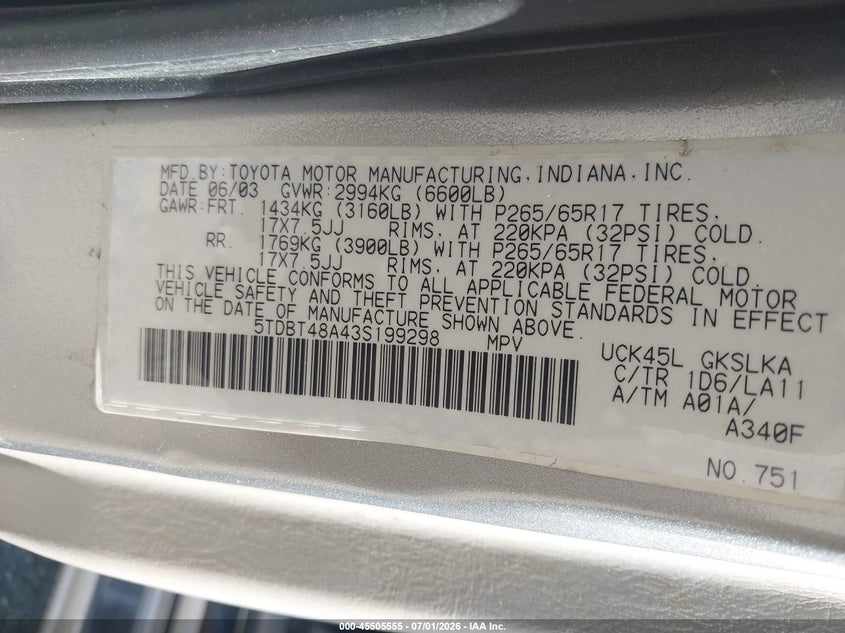 2003 Toyota Sequoia VIN 5TDBT48A43S199298 IAAI salvage auction — NORMAL WEAR, Original (Kentucky), sold $1,250 on 2026-07-20 (photo 9)