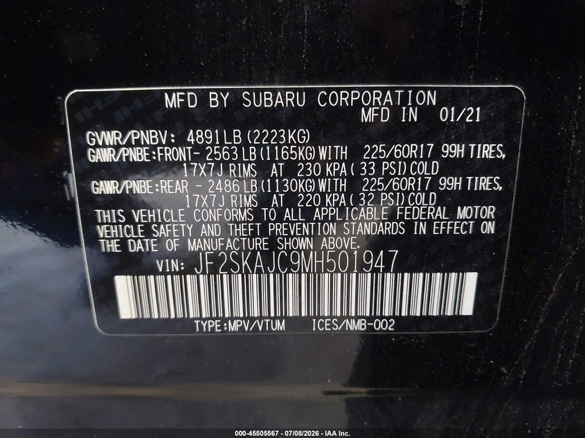 2021 Subaru Forester VIN JF2SKAJC9MH501947 IAAI salvage auction — FRONT END, Mv-907A (New York), sold $3,600 on 2026-07-22 (photo 9)