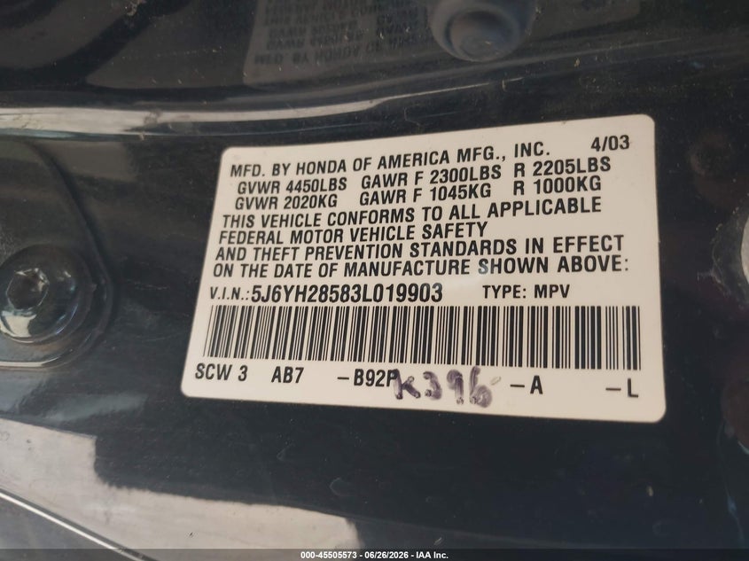 2003 Honda Element VIN 5J6YH28583L019903 IAAI salvage auction — NORMAL WEAR, Clear-Dealer Only (Arizona), sold $25 on 2026-07-09 (photo 9)