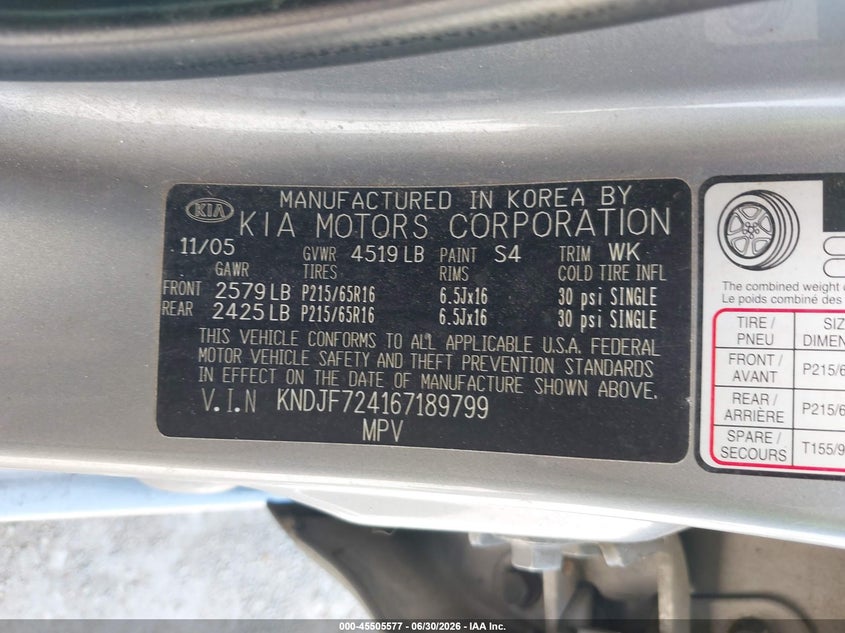 2006 Kia Sportage VIN KNDJF724167189799 IAAI salvage auction — NORMAL WEAR, Original (Texas), sold $500 on 2026-07-08 (photo 9)