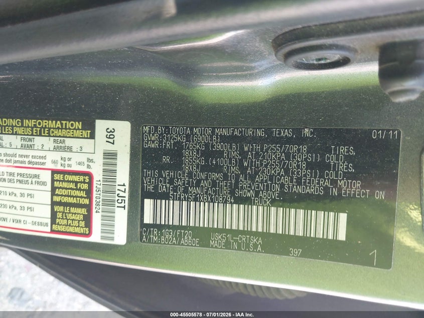 2011 Toyota Tundra VIN 5TFRY5F1XBX108794 IAAI salvage auction — ALL OVER, Salvage (Idaho), sold $1,100 on 2026-07-29 (photo 9)
