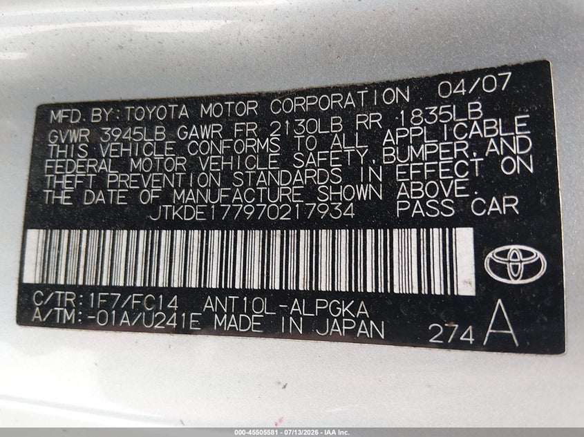 2007 Scion Tc VIN JTKDE177970217934 IAAI salvage auction — LEFT SIDE, Salvage (Texas), sold $425 on 2026-07-28 (photo 9)