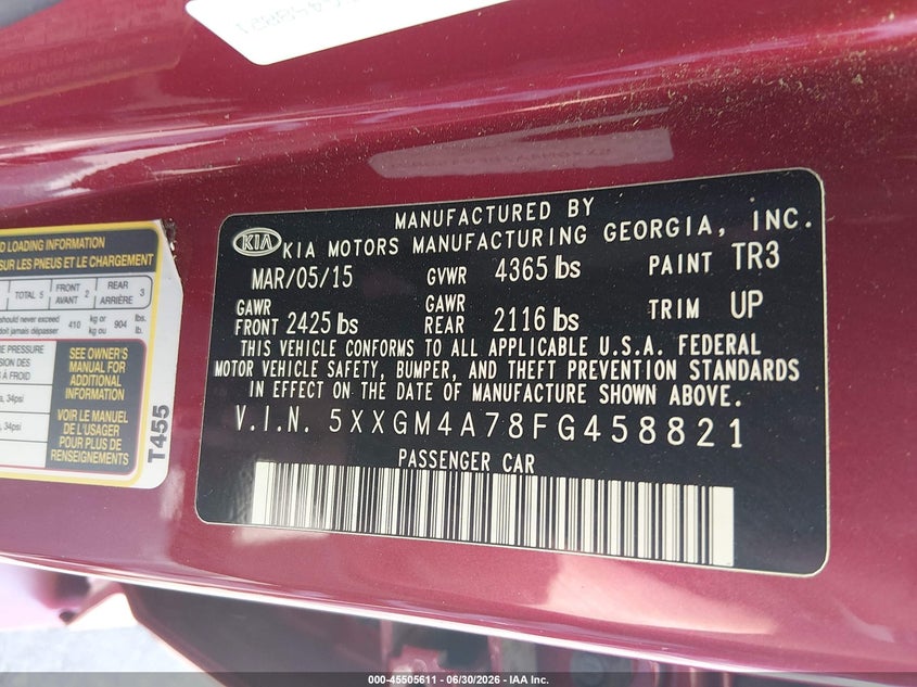2015 Kia Optima VIN 5XXGM4A78FG458821 IAAI salvage auction — FRONT END, Salvage (North Carolina), sold $25 on 2026-07-22 (photo 9)