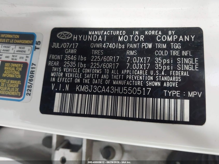 2017 Hyundai Tucson VIN KM8J3CA43HU550517 IAAI salvage auction — FRONT END, Salvage Title, sold $1,550 on 2026-07-15 (photo 9)