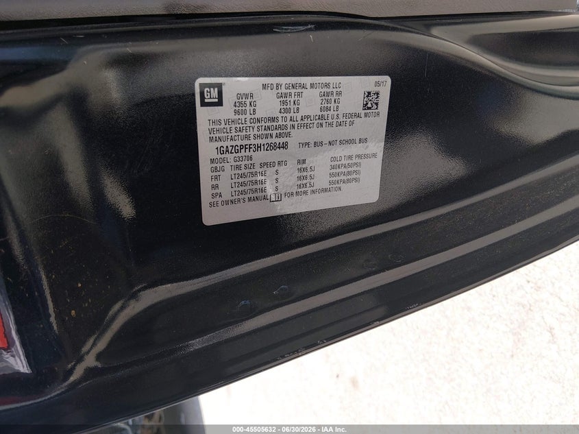 2017 Chevrolet Express 3500 VIN 1GAZGPFF3H1268448 IAAI salvage auction — NORMAL WEAR, SF97 (Maryland), sold $17,700 on 2026-07-21 (photo 9)