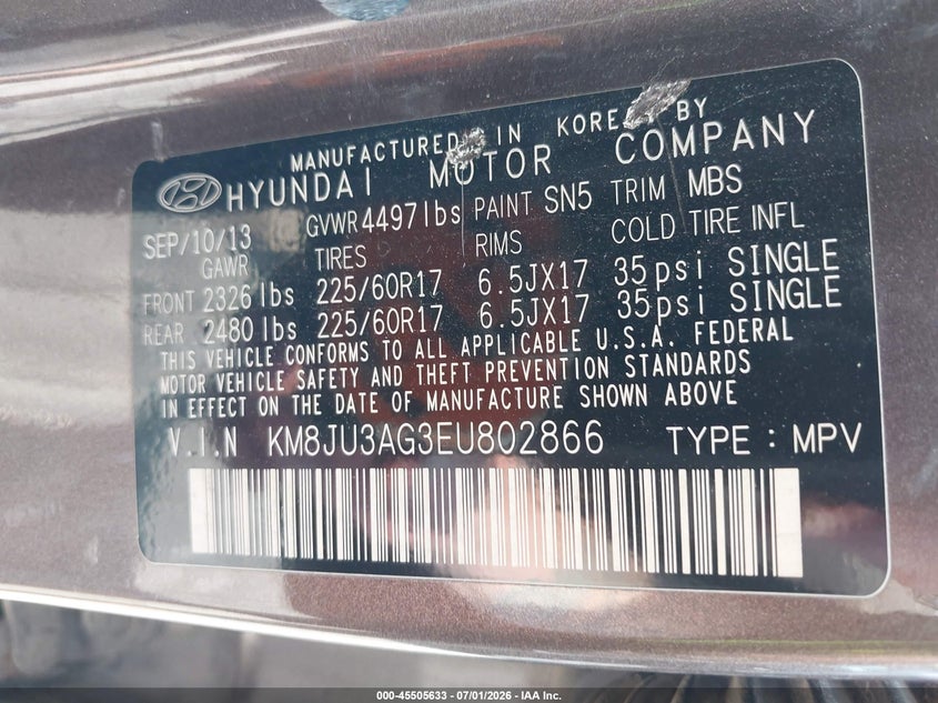 2014 Hyundai Tucson VIN KM8JU3AG3EU802866 IAAI salvage auction — REAR END, Mv-907A (New York), sold $1,250 on 2026-07-09 (photo 9)