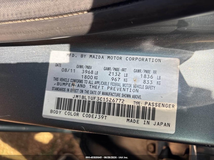 2012 Mazda 3 VIN JM1BL1UF3C1526772 IAAI salvage auction — NORMAL WEAR, Clear (Texas), sold $275 on 2026-07-09 (photo 9)