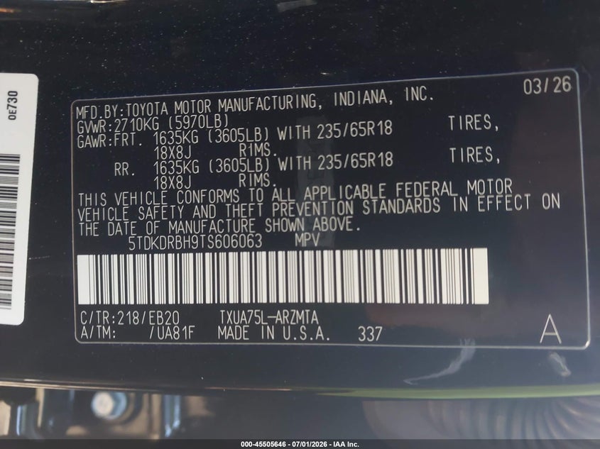 2026 Toyota Highlander VIN 5TDKDRBH9TS606063 IAAI salvage auction — FRONT END, Salvage Title, sold $7,800 on 2026-07-29 (photo 9)