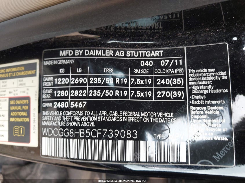 2012 Mercedes-benz Glk-klasse VIN WDCGG8HB5CF739083 IAAI salvage auction — UNKNOWN, Clear (Wisconsin), sold $2,175 on 2026-07-07 (photo 9)