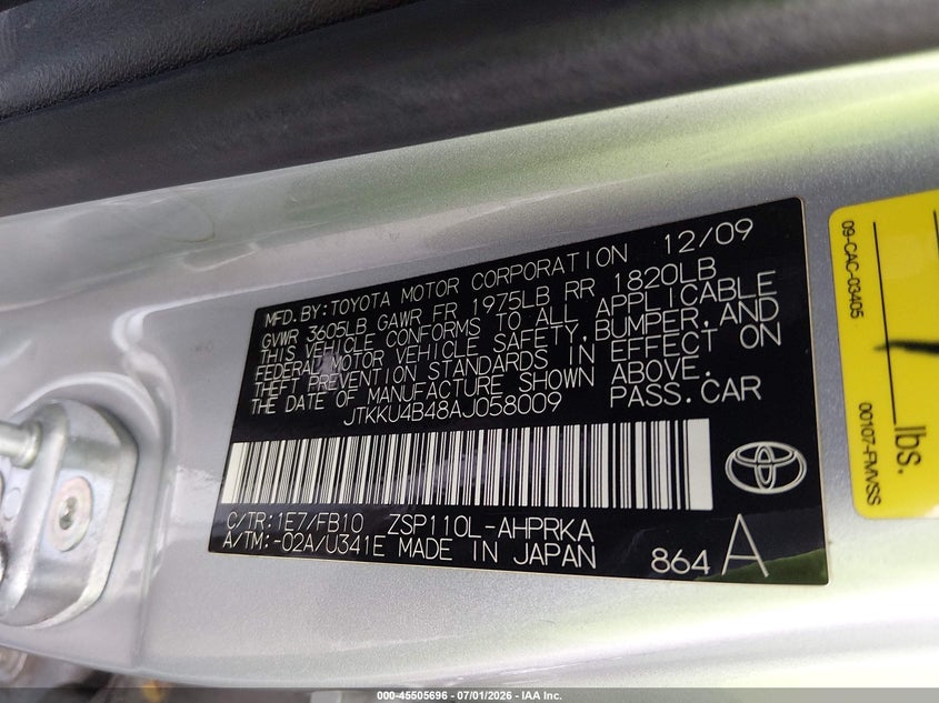 2010 Scion Xd VIN JTKKU4B48AJ058009 IAAI salvage auction — LEFT REAR, Salvage Certificate (California), sold $625 on 2026-07-24 (photo 9)