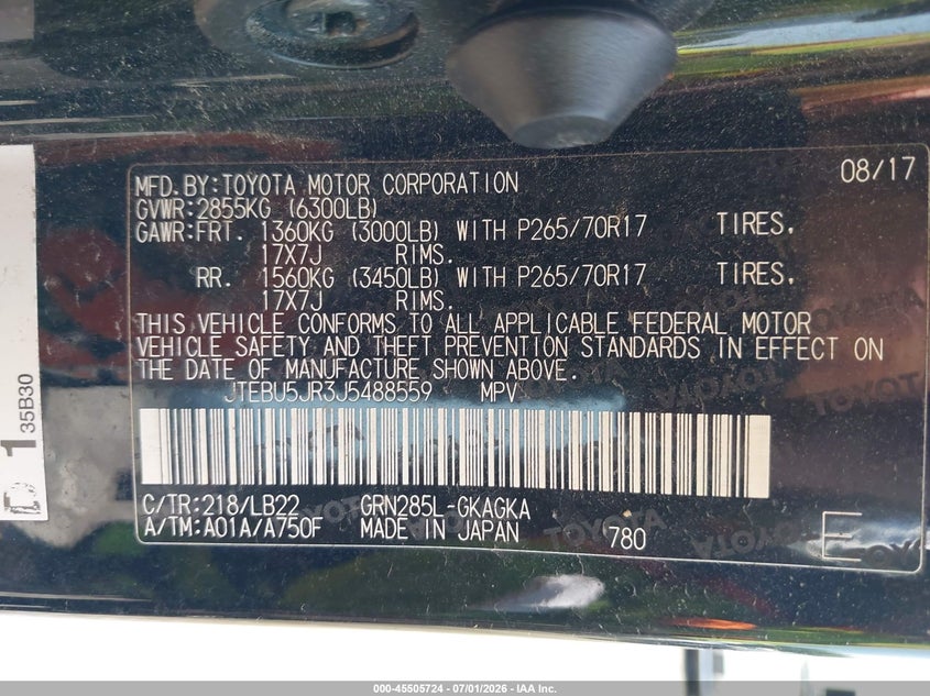 2018 Toyota 4runner VIN JTEBU5JR3J5488559 IAAI salvage auction — LEFT SIDE, Mv-907A (New York), sold $8,100 on 2026-07-28 (photo 9)