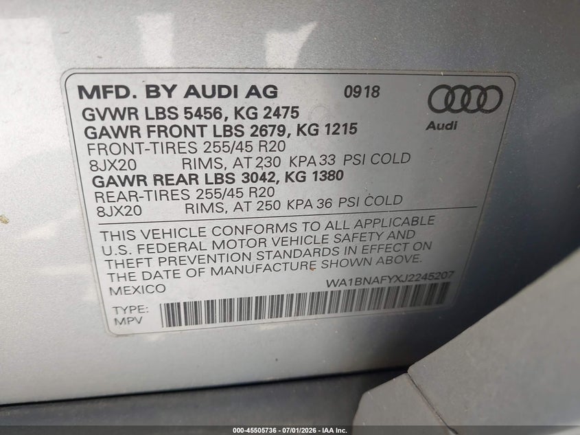 2018 Audi Q5 VIN WA1BNAFYXJ2245207 IAAI salvage auction — FRONT END, Salvage (Georgia), sold $9,700 on 2026-07-22 (photo 9)