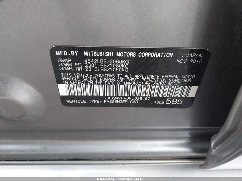 2015 Mitsubishi Lancer evolution VIN JA32W7FV6FU028467 IAAI salvage auction — NORMAL WEAR, Clear (Virginia), sold $7,600 on 2026-07-10 (photo 9)