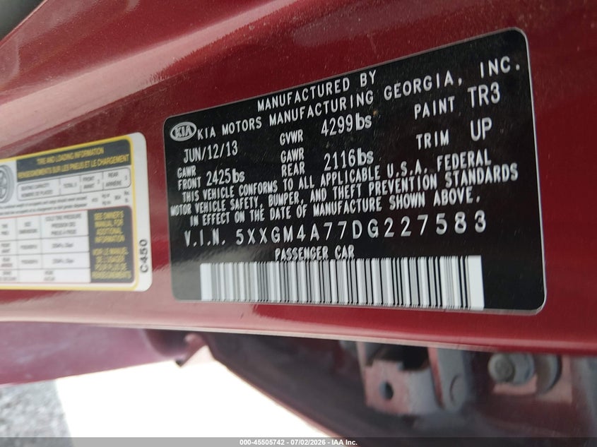 2013 Kia Optima VIN 5XXGM4A77DG227583 IAAI salvage auction — NORMAL WEAR, Clear (Missouri), sold $750 on 2026-07-09 (photo 9)