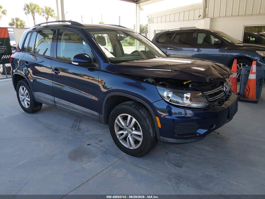 2016 Volkswagen Tiguan VIN WVGBV7AX4GW587837 IAAI salvage auction — FRONT END, Rebuildable (Florida), sold $1,450 on 2026-08-02 (photo 1)
