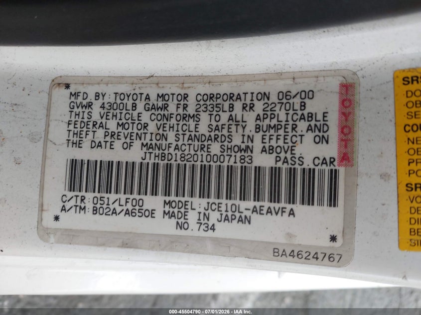 2001 Lexus Is 300 VIN JTHBD182010007183 IAAI salvage auction — FRONT END, Salvage (California), sold $600 on 2026-07-23 (photo 9)