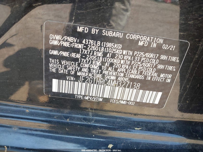 2021 Subaru Xv VIN JF2GTHRC4MH327138 IAAI salvage auction — FRONT & REAR, Salvage (Pennsylvania), sold $3,025 on 2026-07-31 (photo 9)