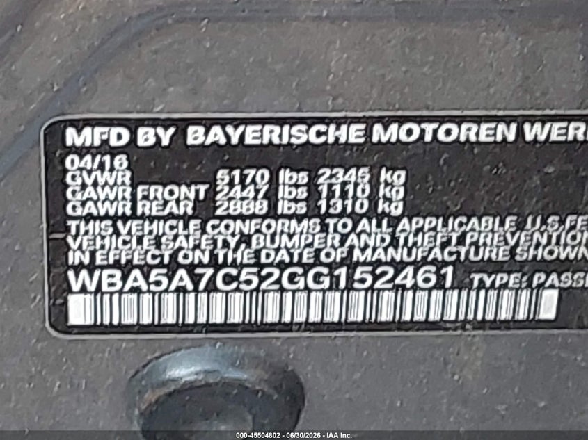2016 BMW 5er VIN WBA5A7C52GG152461 IAAI salvage auction — FRONT & REAR, Mv-907A (New York), sold $25 on 2026-07-28 (photo 9)