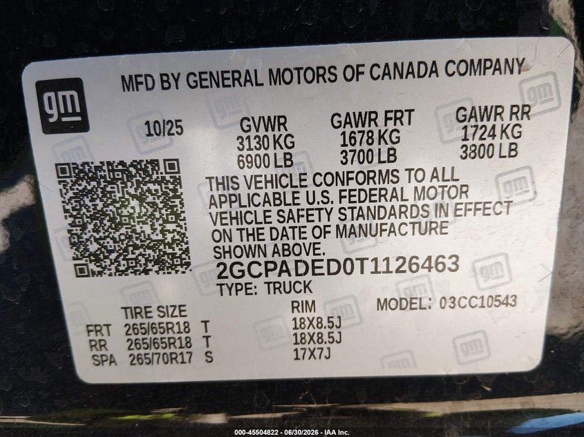 2026 Chevrolet Silverado VIN 2GCPADED0T1126463 IAAI salvage auction — FRONT END, Enterprise Vehicles Clear Only (Tennessee), sold $20,650 on 2026-07-30 (photo 9)