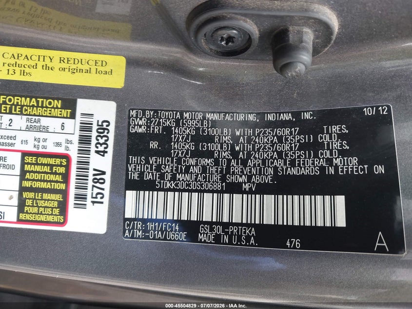 2013 Toyota Sienna VIN 5TDKK3DC3DS306881 IAAI salvage auction — SIDE, Mv-907A (New York), sold $25 on 2026-07-28 (photo 9)