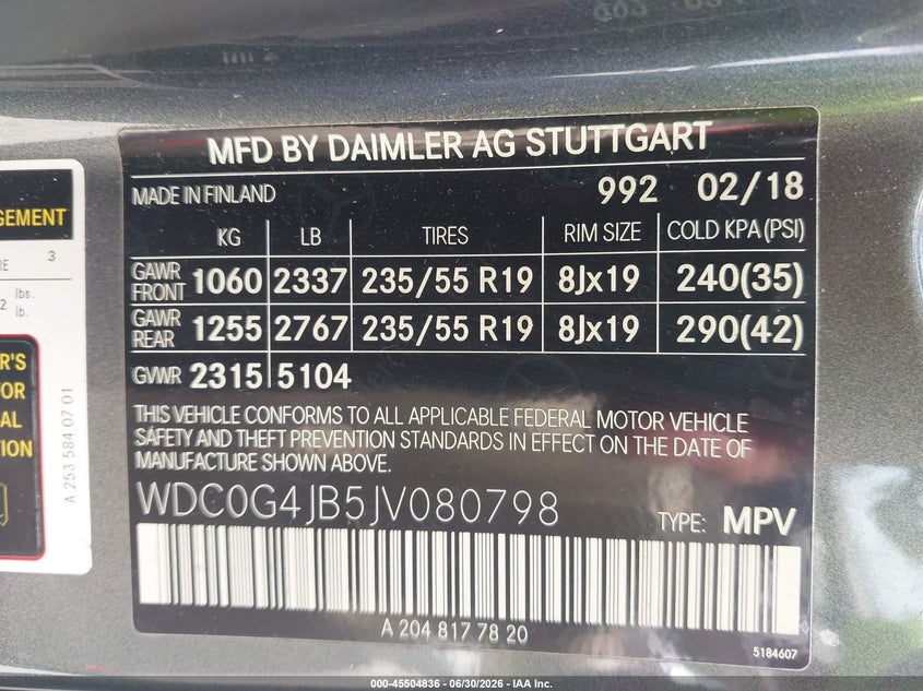 2018 Mercedes-benz Glc VIN WDC0G4JB5JV080798 IAAI salvage auction — RIGHT FRONT, Salvage Title, sold $1,050 on 2026-07-23 (photo 9)