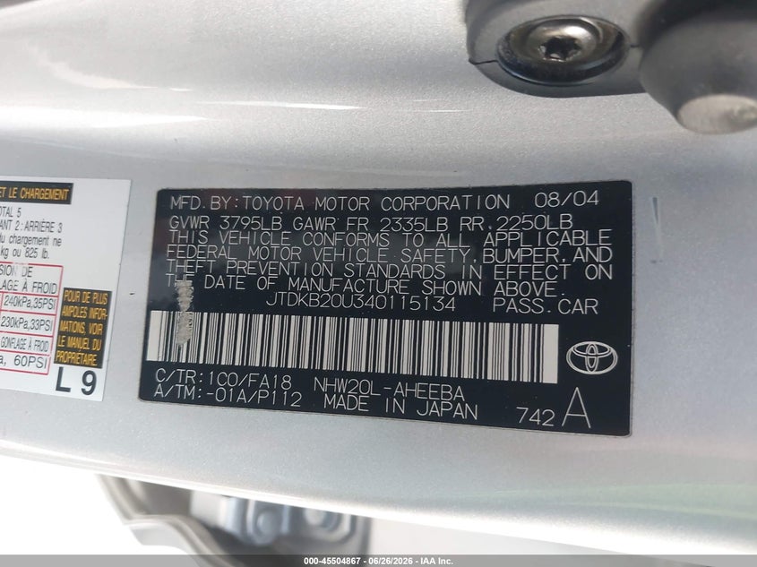 2004 Toyota Prius VIN JTDKB20U340115134 IAAI salvage auction — RIGHT FRONT, Salvage (California), sold $700 on 2026-07-22 (photo 9)