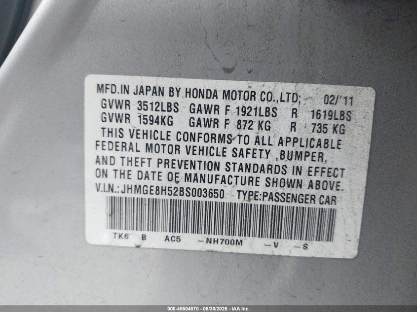 2011 Honda Fit VIN JHMGE8H52BS003650 IAAI salvage auction — FRONT END, Salvage (California), sold $1,600 on 2026-07-10 (photo 9)