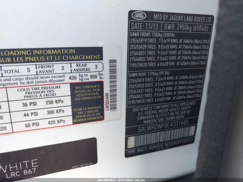 2014 Land rover Range rover sport VIN SALWR2WF9EA331449 IAAI salvage auction — LEFT FRONT, Mv-907A (New York), sold $3,700 on 2026-07-30 (photo 9)