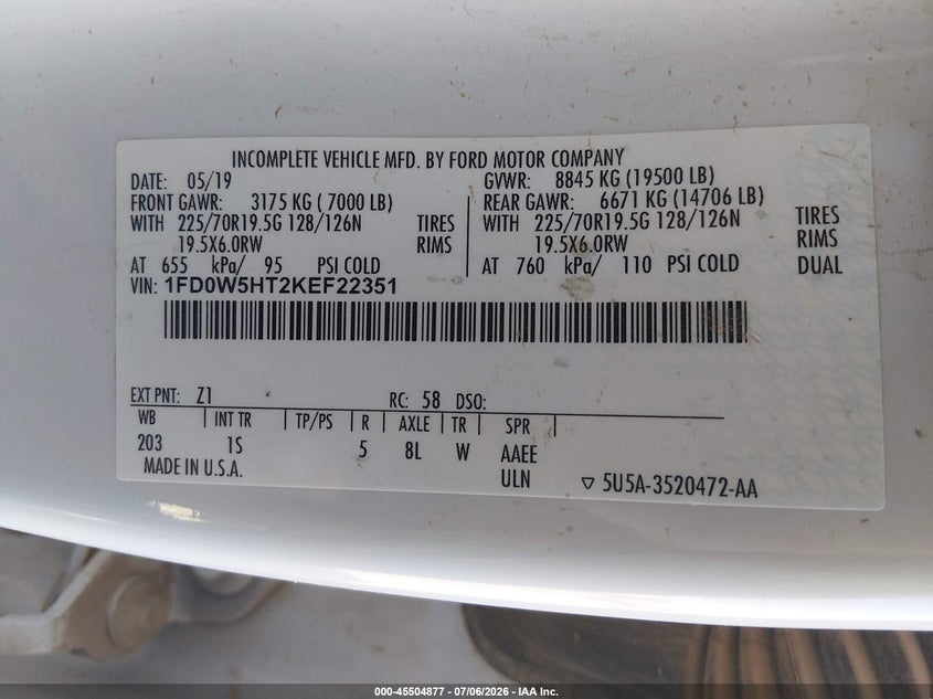 2019 Ford F550 VIN 1FD0W5HT2KEF22351 IAAI salvage auction — NORMAL WEAR, Clear (Wyoming), sold $19,100 on 2026-07-22 (photo 9)