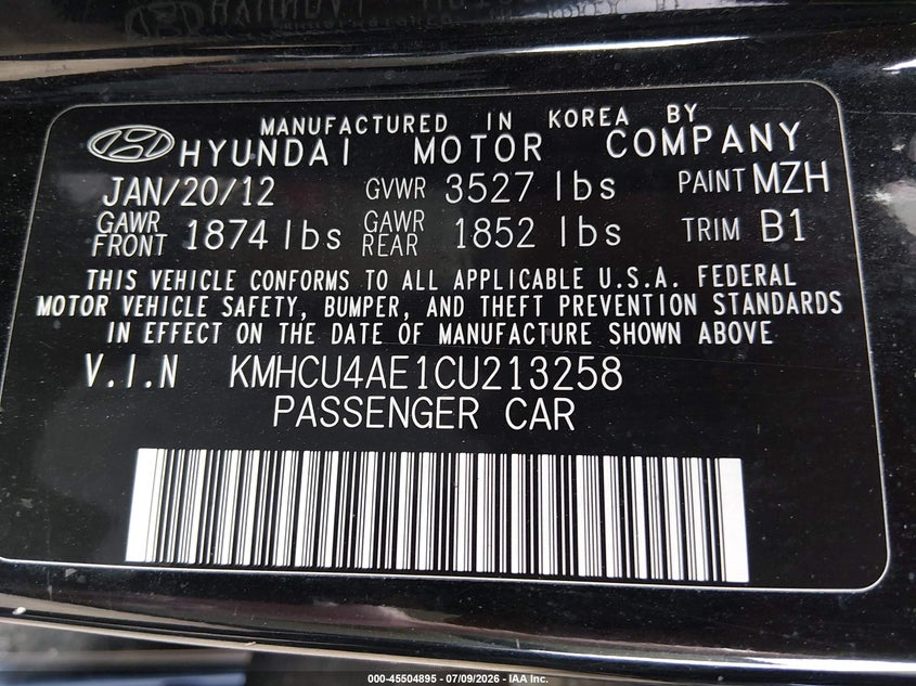 2012 Hyundai Accent VIN KMHCU4AE1CU213258 IAAI salvage auction — NORMAL WEAR, Original (Ohio), sold $500 on 2026-07-22 (photo 9)