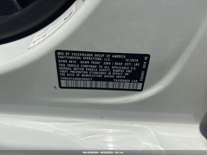 2016 Volkswagen Passat VIN 1VWAS7A39GC023377 IAAI salvage auction — NORMAL WEAR, Salvage Title, sold $825 on 2026-07-16 (photo 9)