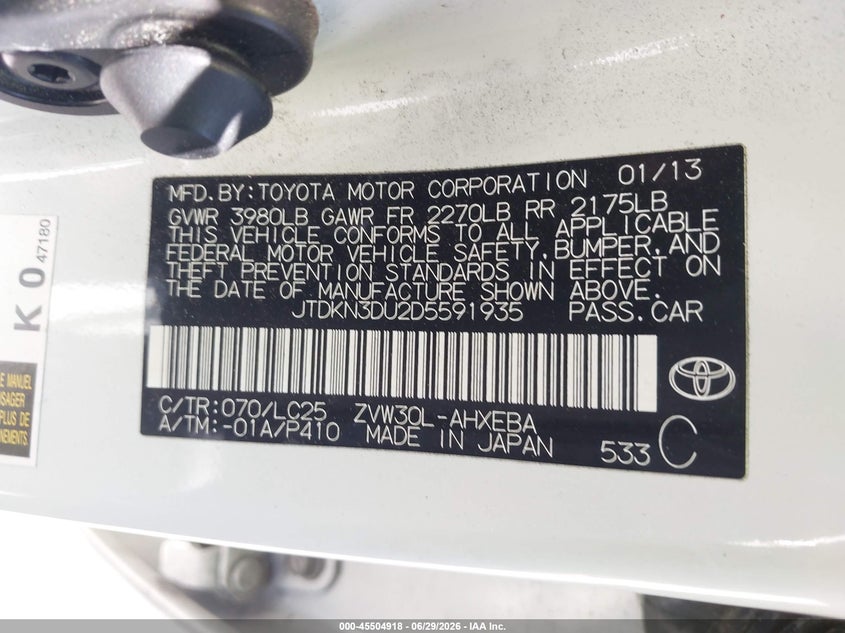 2013 Toyota Prius VIN JTDKN3DU2D5591935 IAAI salvage auction — REAR END, Salvage (California), sold $2,150 on 2026-07-09 (photo 9)
