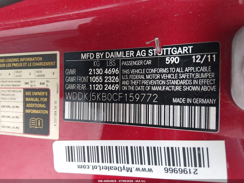 2012 Mercedes-benz E-klasse VIN WDDKJ5KB0CF159772 IAAI salvage auction — FRONT END, Original (Texas), sold $1,800 on 2026-08-13 (photo 9)