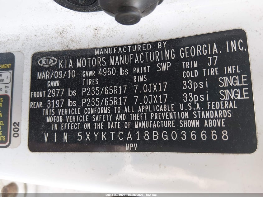 2011 Kia Sorento VIN 5XYKTCA18BG036668 IAAI salvage auction — NORMAL WEAR, Clear (Rhode Island), sold $875 on 2026-07-07 (photo 9)