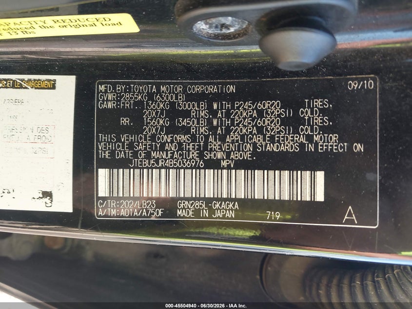 2011 Toyota 4runner VIN JTEBU5JR4B5036976 IAAI salvage auction — NORMAL WEAR, Original (Texas), sold $9,250 on 2026-07-08 (photo 9)