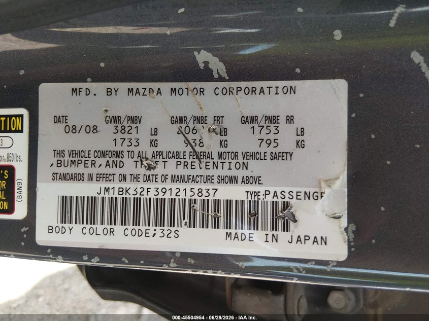 2009 Mazda 3 VIN JM1BK32F391215837 IAAI salvage auction — LEFT SIDE, Salvage (Tennessee), sold $50 on 2026-07-30 (photo 9)