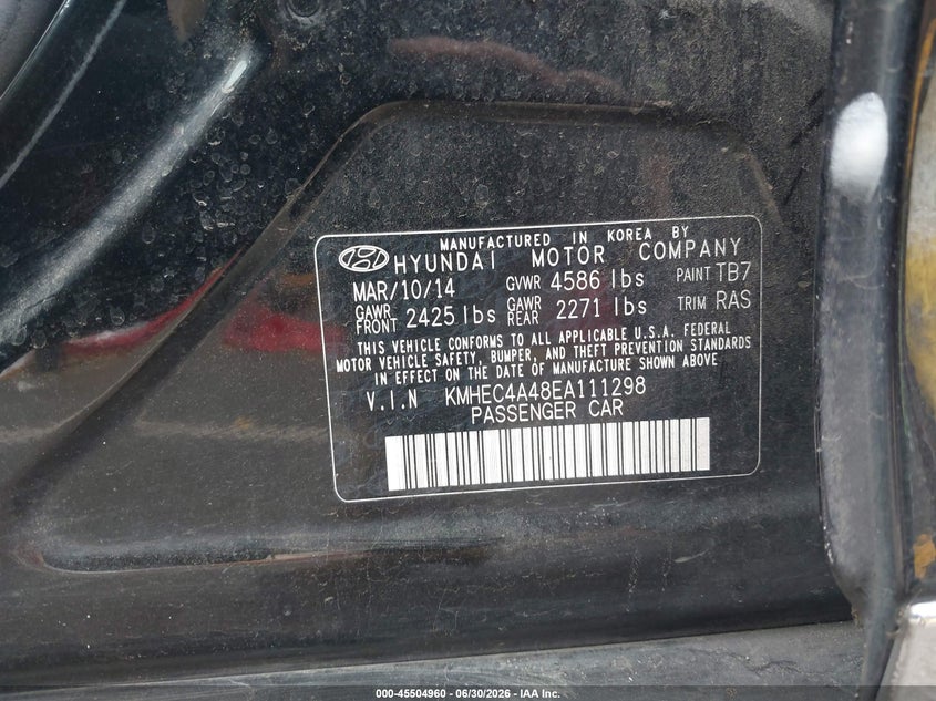 2014 Hyundai Sonata VIN KMHEC4A48EA111298 IAAI salvage auction — NORMAL WEAR, Clear (Oregon), sold $275 on 2026-07-21 (photo 9)