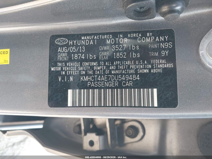 2013 Hyundai Accent VIN KMHCT4AE7DU549484 IAAI salvage auction — REAR END, Salvage Title, sold $975 on 2026-07-15 (photo 9)