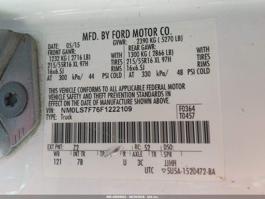 2015 Ford Transit VIN NM0LS7F76F1222109 IAAI salvage auction — NORMAL WEAR, Clear (Kansas), sold $725 on 2026-07-24 (photo 9)