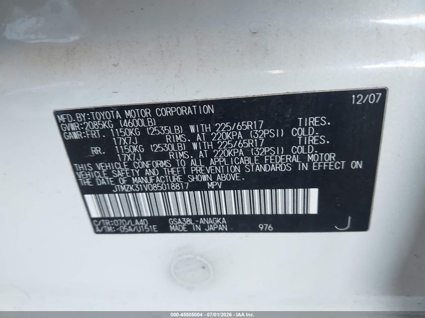 2008 Toyota Rav4 VIN JTMZK31V085018817 IAAI salvage auction — LEFT REAR, Salvage (Arizona), sold $1,525 on 2026-07-14 (photo 9)