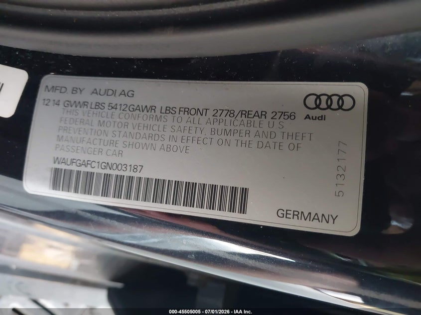 2016 Audi A6 VIN WAUFGAFC1GN003187 IAAI salvage auction — NORMAL WEAR, Clear (Illinois), sold $1,375 on 2026-07-27 (photo 9)