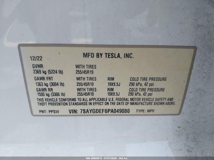 2023 Tesla Model y VIN 7SAYGDEF6PA049086 IAAI salvage auction — LEFT REAR, Salvage Title, sold $12,750 on 2026-09-07 (photo 9)
