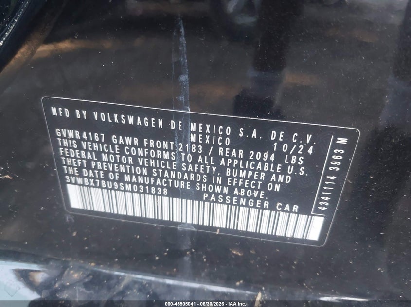 2025 Volkswagen Jetta VIN 3VWBX7BU9SM031838 IAAI salvage auction — SIDE, Salvage Title, sold $5,900 on 2026-09-01 (photo 9)