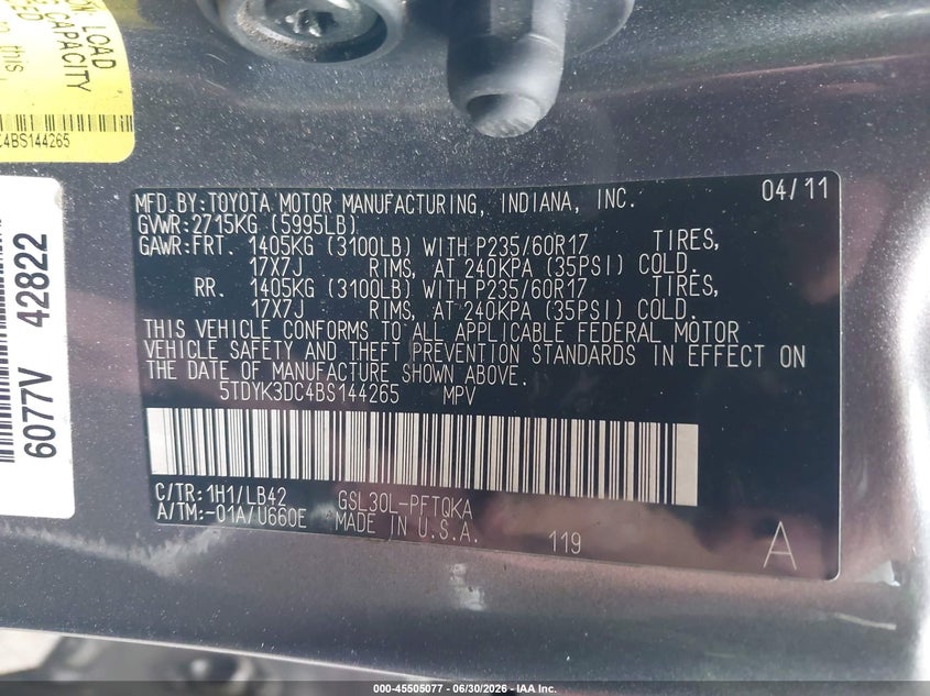 2011 Toyota Sienna VIN 5TDYK3DC4BS144265 IAAI salvage auction — FRONT END, Salvage Certificate (California), sold $1,200 on 2026-07-31 (photo 9)
