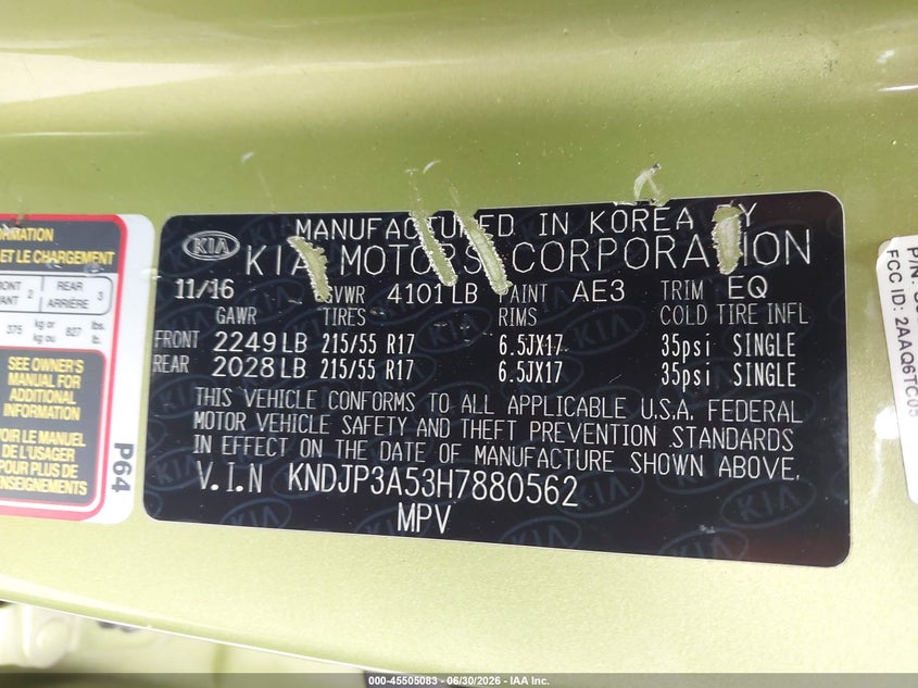 2017 Kia Soul VIN KNDJP3A53H7880562 IAAI salvage auction — NORMAL WEAR, Clear (Washington), sold $875 on 2026-07-29 (photo 9)